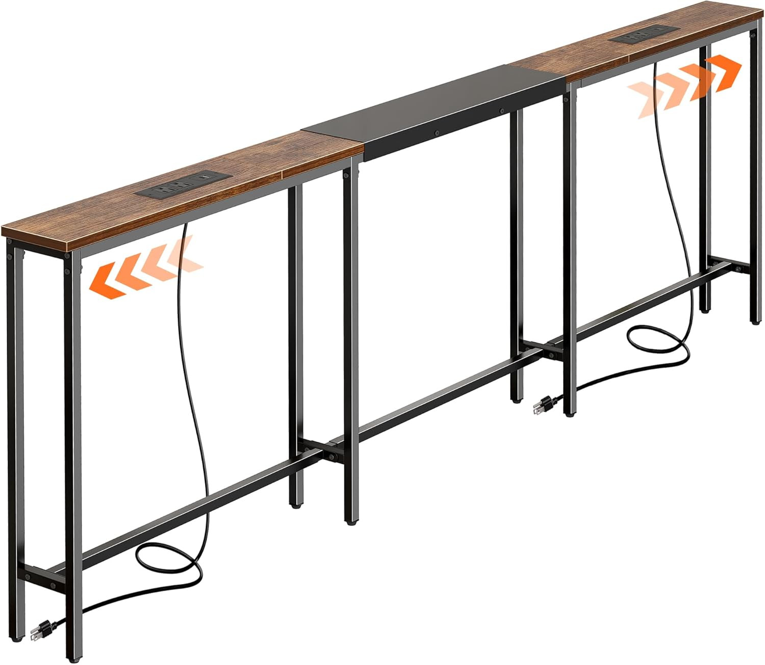 Narrow Sofa Table with 2 Power Outlets, 86.6-110.2 Inch Adjustable Length, behin