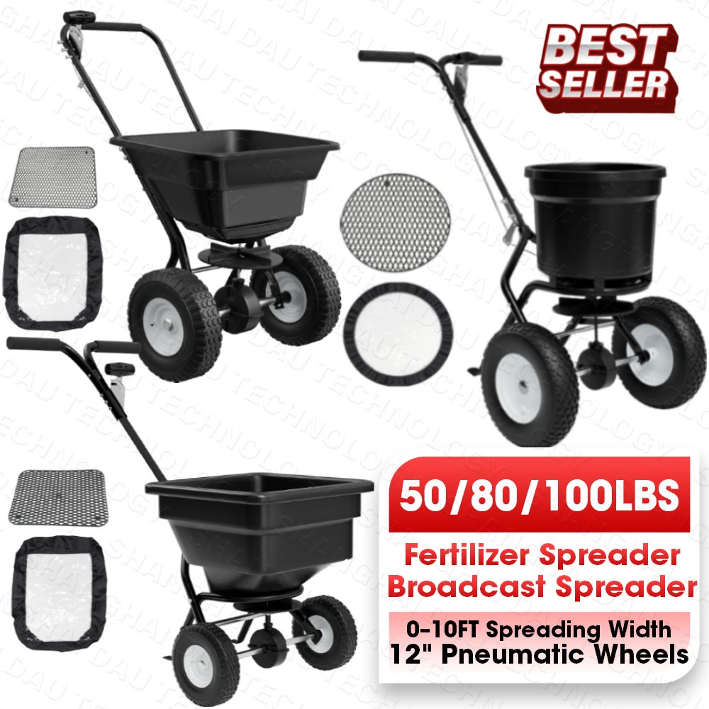 50/80/100LBS Fertilizer Spreader Walk-Behind Push Broadcast Spreader w/ T-Handle