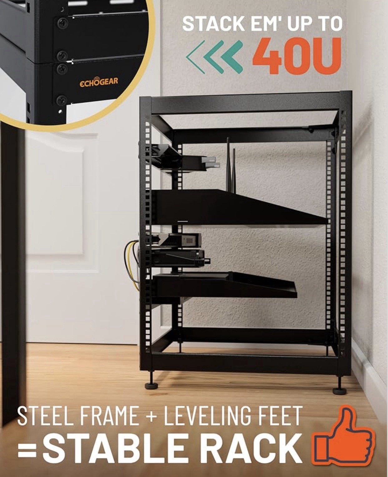 Echogear 15U Open Frame Rack For Servers & A/V Gear Stackable / Wall Mountable