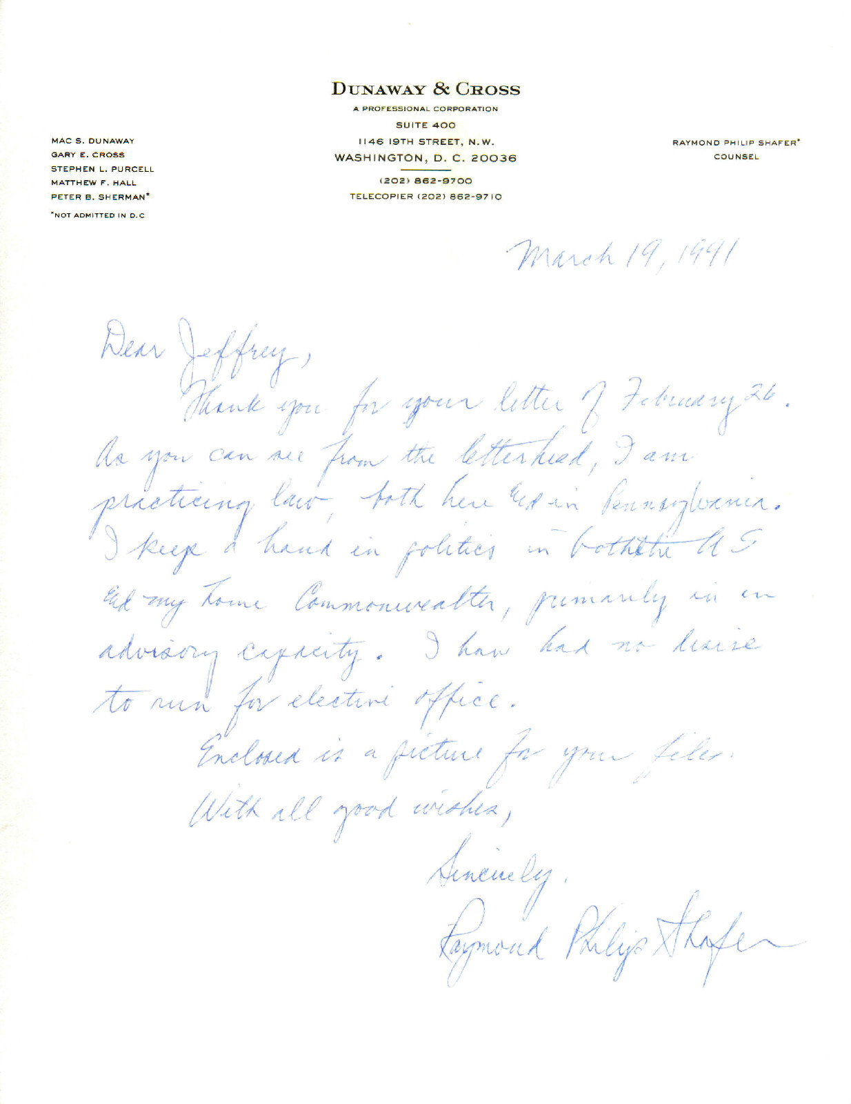 RAYMOND SHAFER (+2006) - Governor of Pennsylvania (67-71) - Autograph Letter
