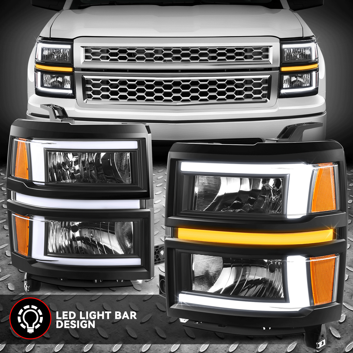 [L-LED DRL+Sequential Signal] For 14-15 Silverado 1500 Headlights Black/Amber