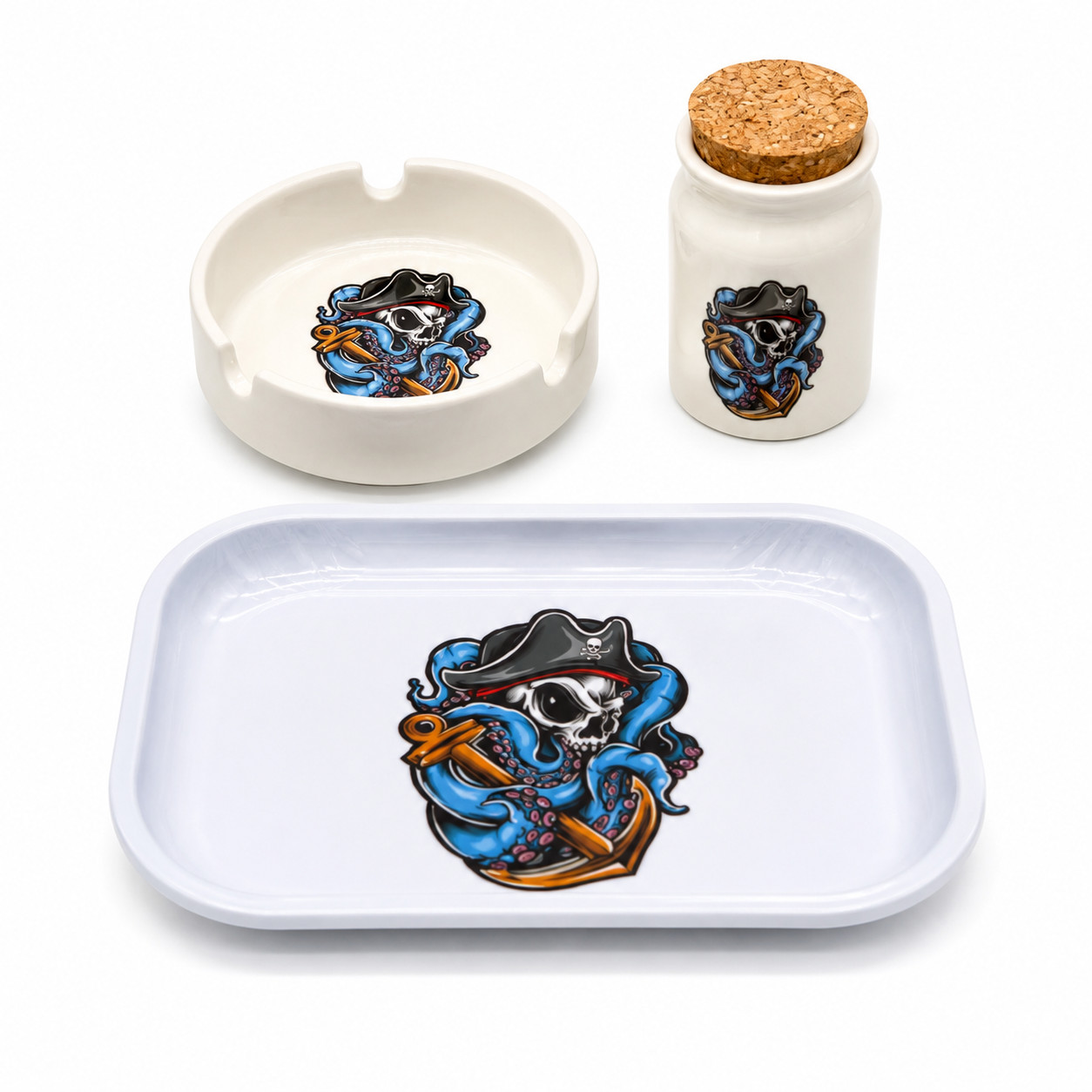 SMOKING ESSENTIALS KIT | 3 PIECES | CERAMIC | 1 COUNT | PIRATE SKULL DESIGN