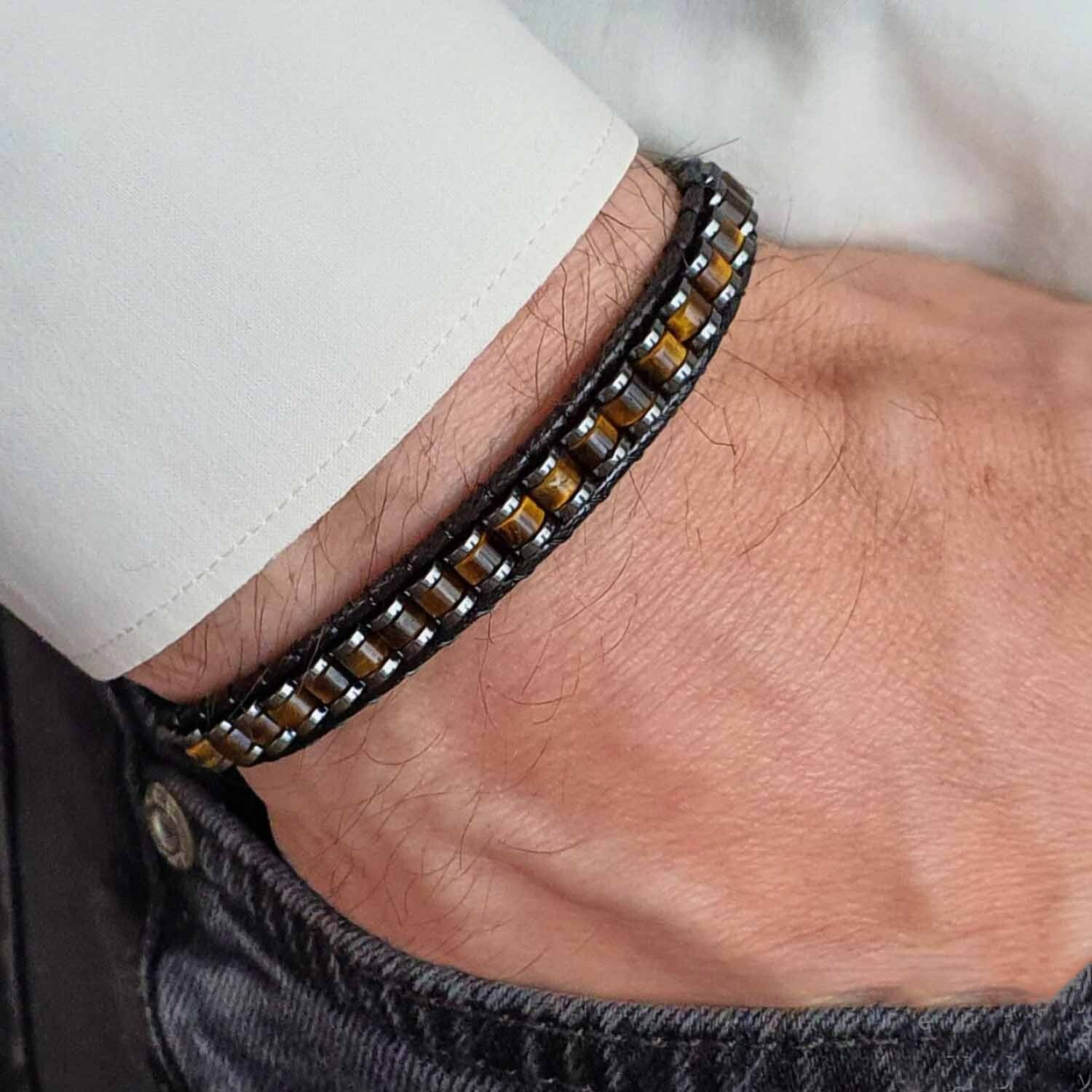 Men's Tiger Eye Hematite Beaded Armlet Bracelet Adjustable Masculine Bangle Gift