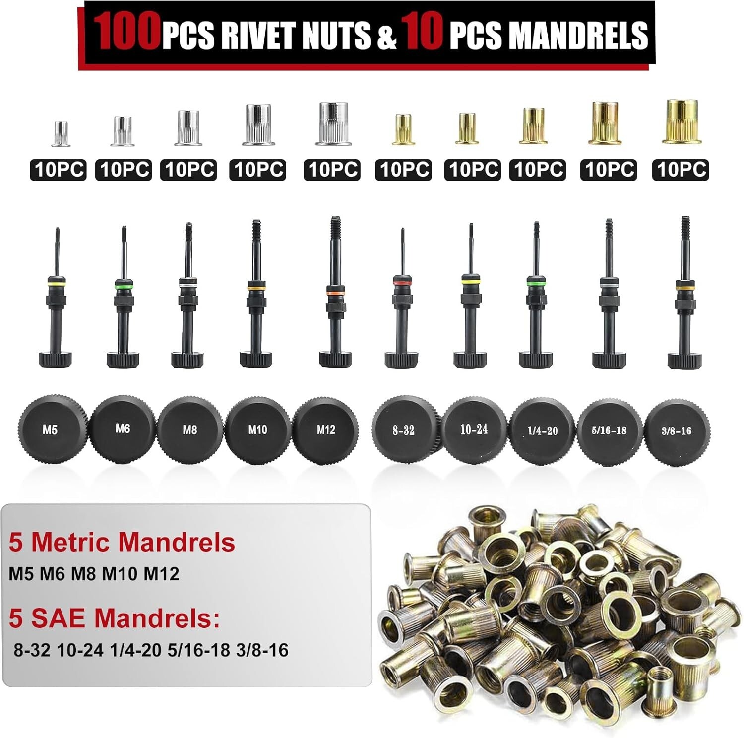 Rivet Nut Tool Kit, Nutsert Gun Kit, Upgraded Rivnut Tool 100 Pcs Rivnuts