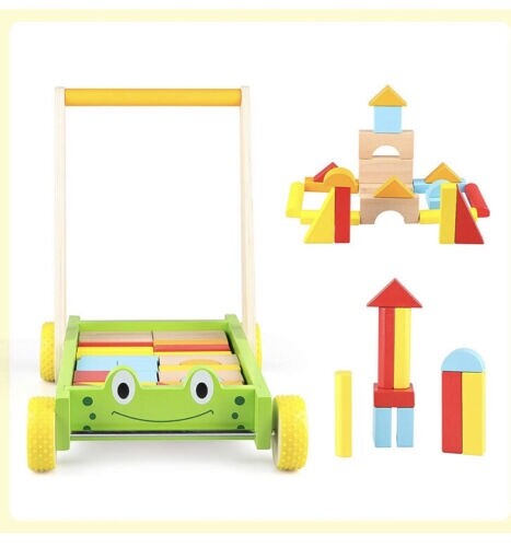 New -- Jamohom Wooden Frog Baby Learning Walker Activity Center Toy with Blocks