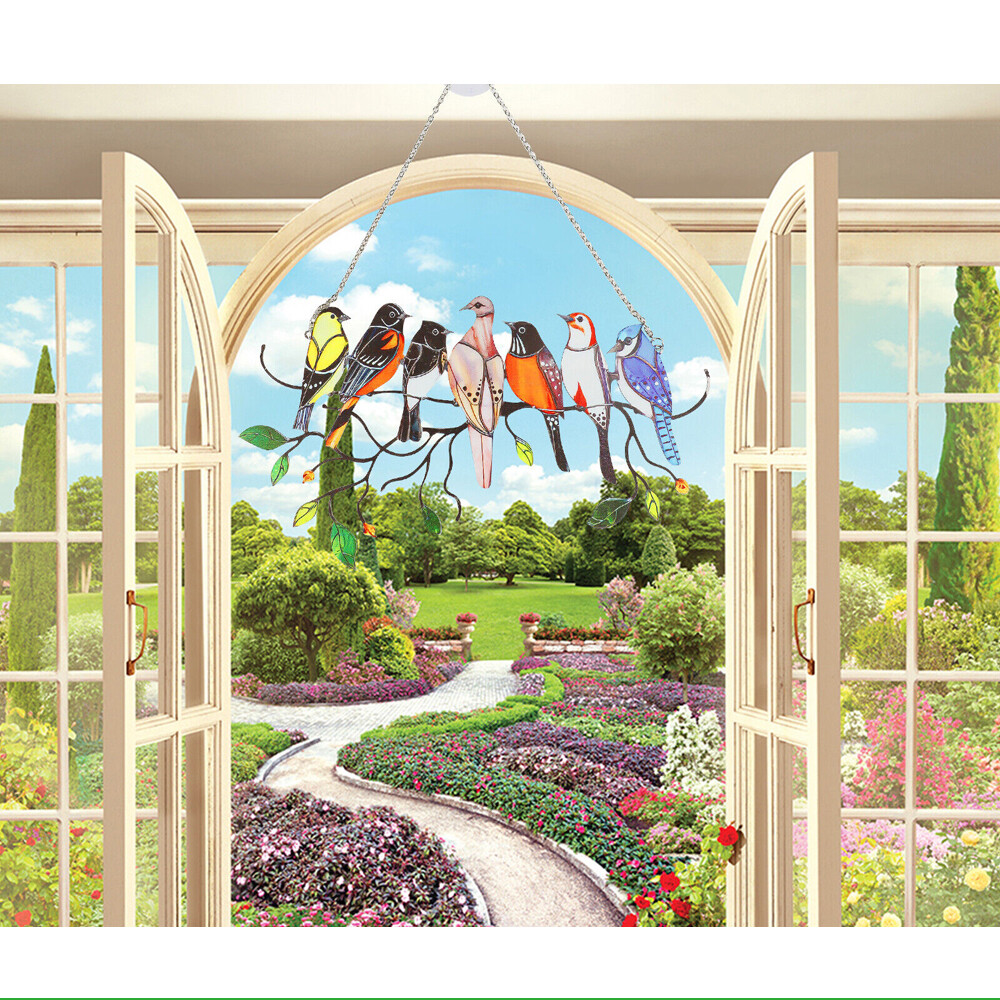 Multicolor Birds Suncatcher Stained Panel w/Chain for Glass Window Hanging Decor