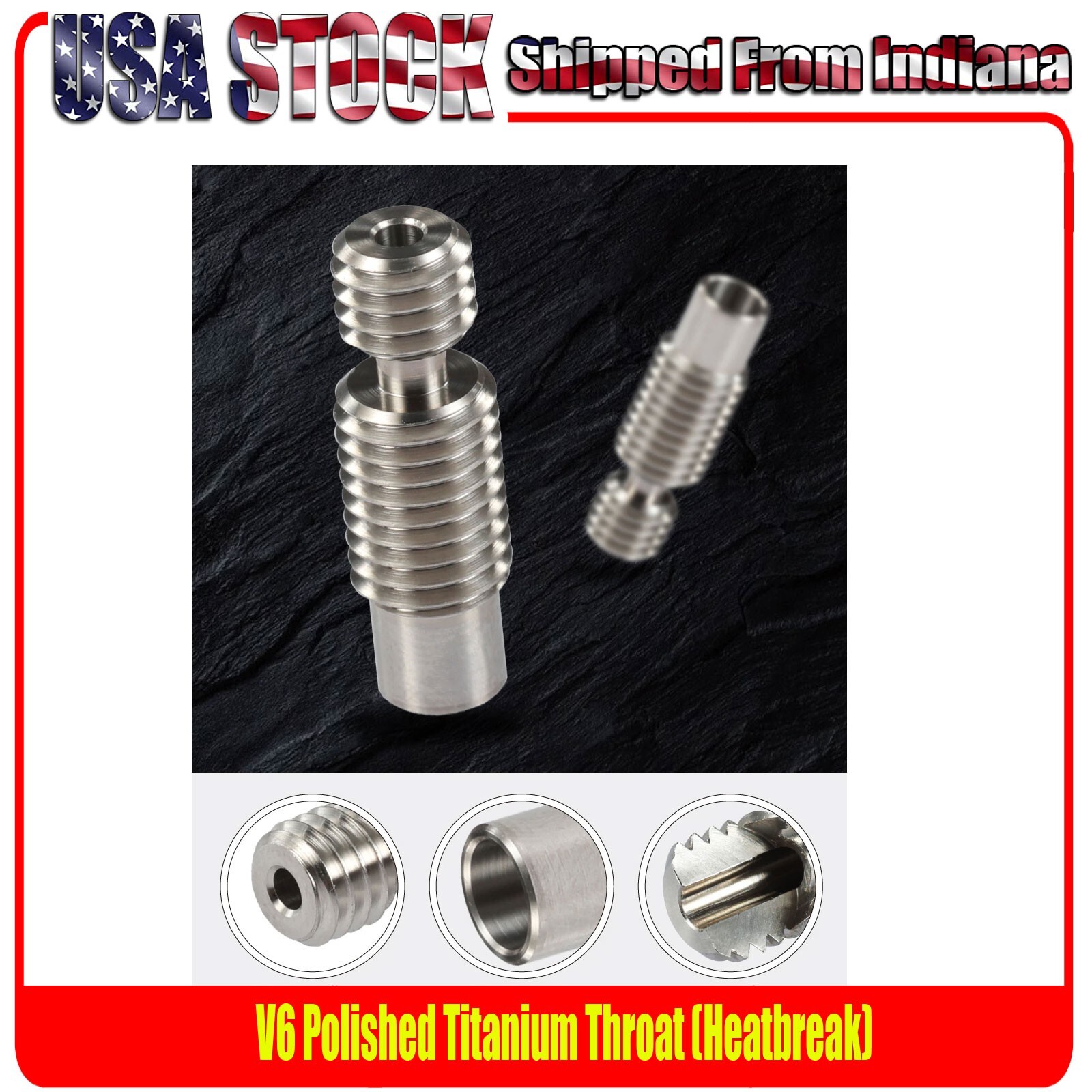 V6 Polished Titanium Throat / Heatbreak  for V6 or Volcano Hotend, 1.75mm