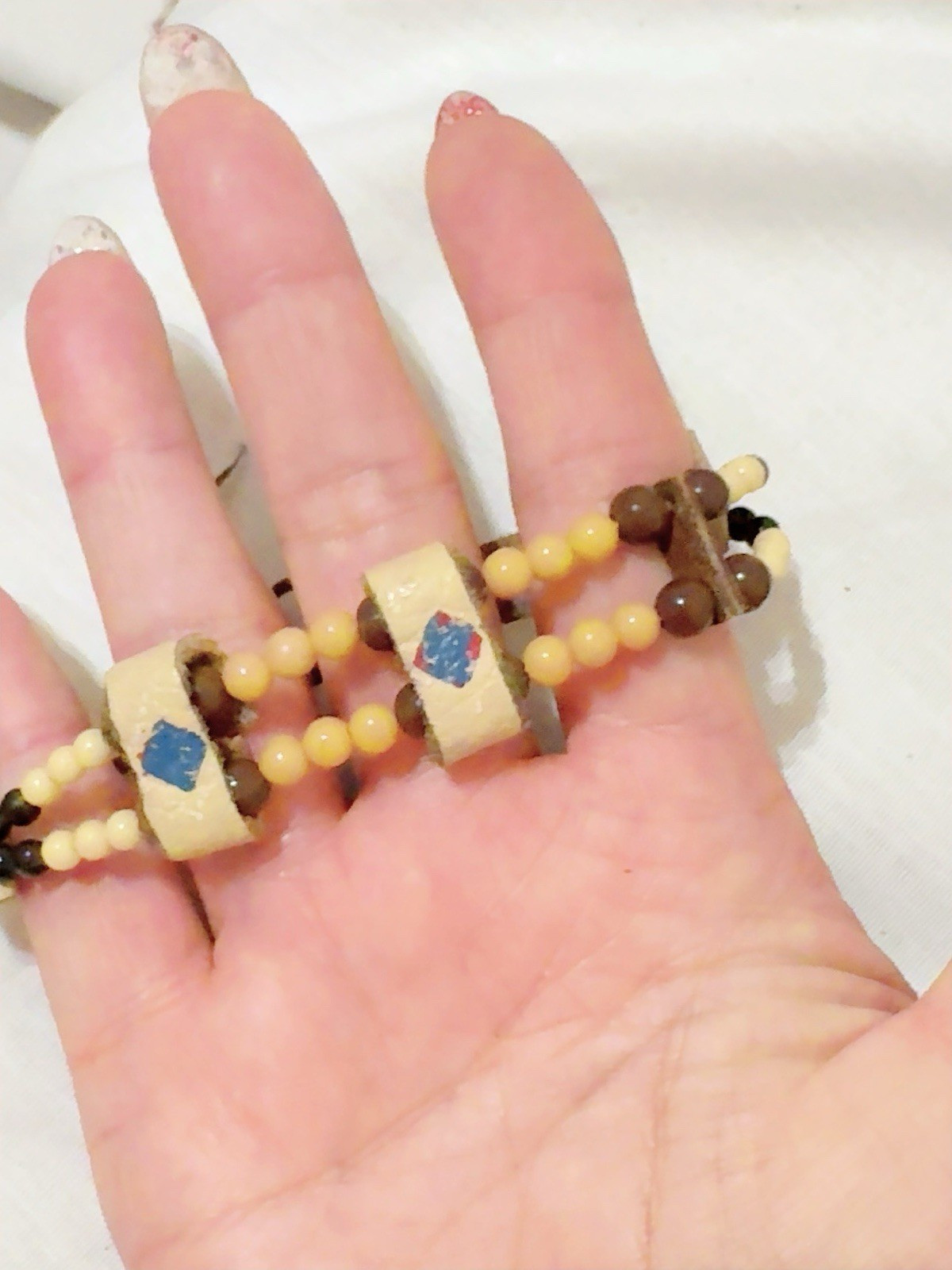 Handcrafted Beaded Wood & Leather Bracelet Tie Closure Art Theme Multi-Color