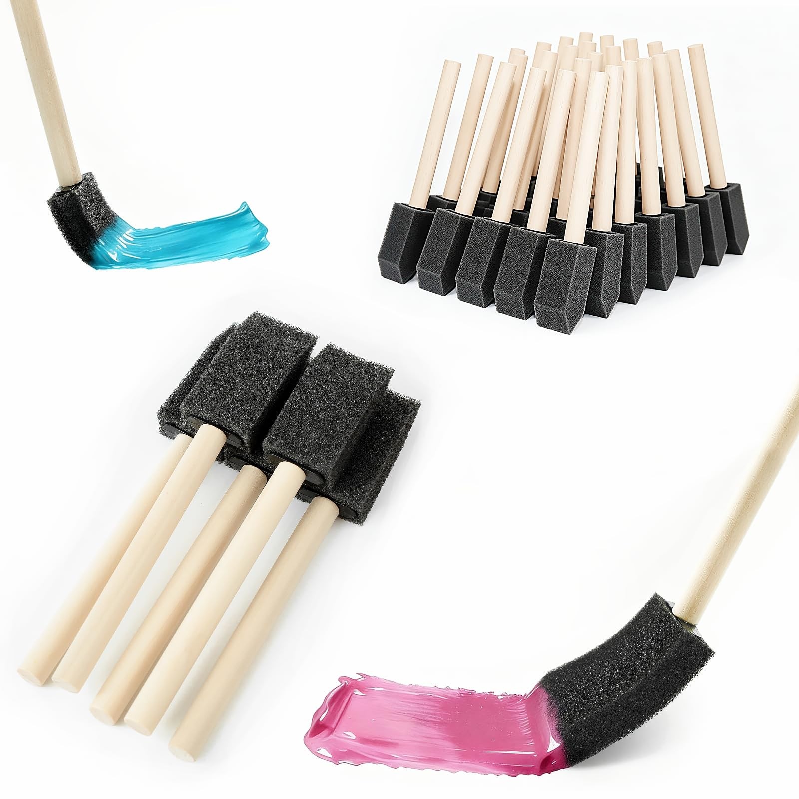 50Pcs Foam Paint Brushes, 1" Sponge Brushes with 50PCS 1", Natural
