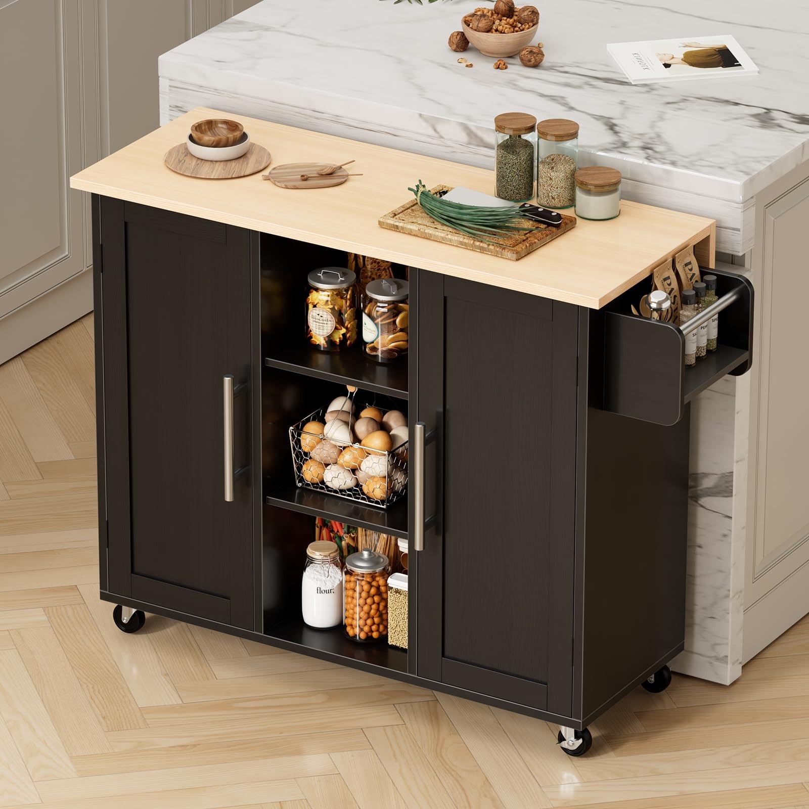 DUMOS Wooden Kitchen Island Cart On Wheels w/Drop Leaf&Spice Rack&Lockable Wheel