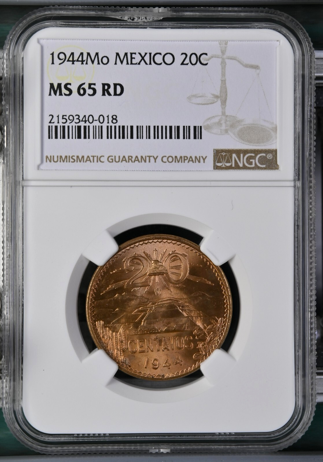 1944 Mo Mexico 20C Centavos Type 1 National Emblem Bronze NGC 65 RD