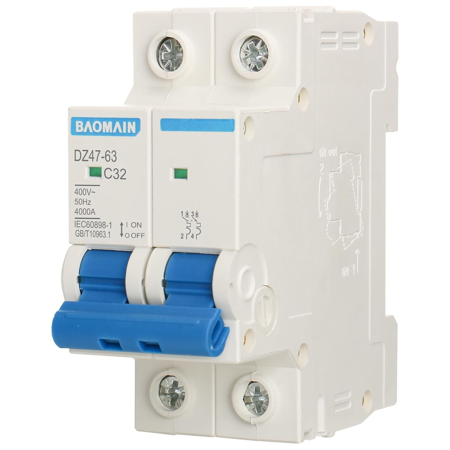 Miniature Circuit Breaker 2 Pole DZ47-63 C32 AC 230V 32Amp 400V DIN Rail Mountin