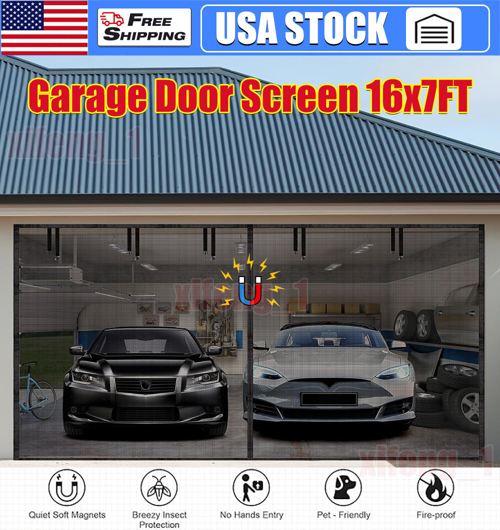 Magnetic Garage Door Screen 16 x 7ft for 2 Cars Heavy-Duty Garage Net Fiberglass
