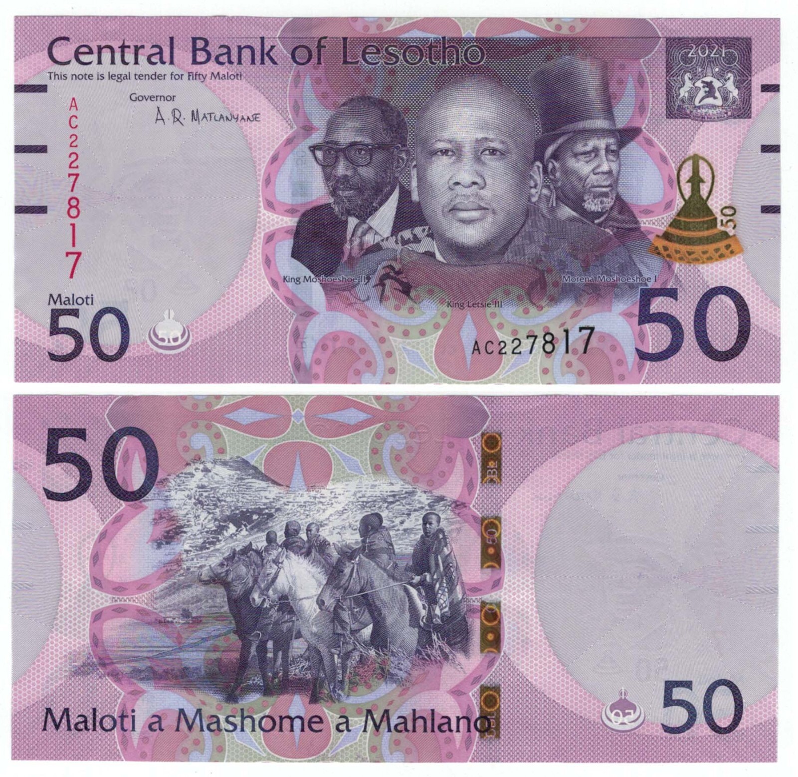 Lesotho 50 Maloti (2021) - 3 Kings/Tribal Horsemen/p28a, B229a UNC