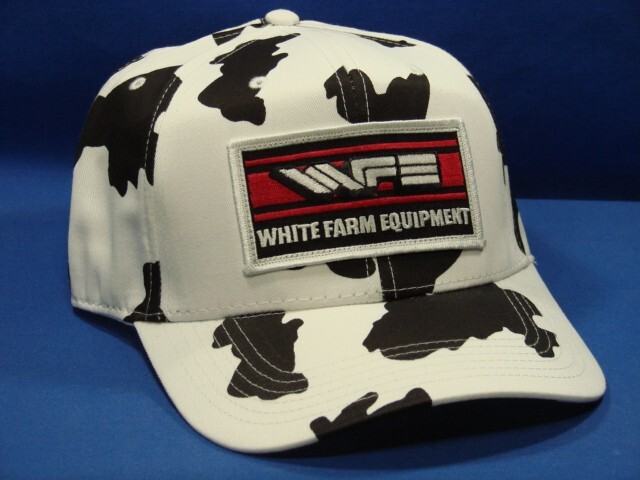 White Farm Equipment Tractor Hat - Cow Print - Snapback - High Crown - Trucker