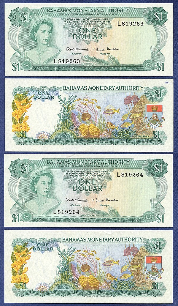 BAHAMAS 1 DOLLAR 1968 TWO CONSECUTIVE NOTES PREFIX L QUEEN ELIZABETH II - AU