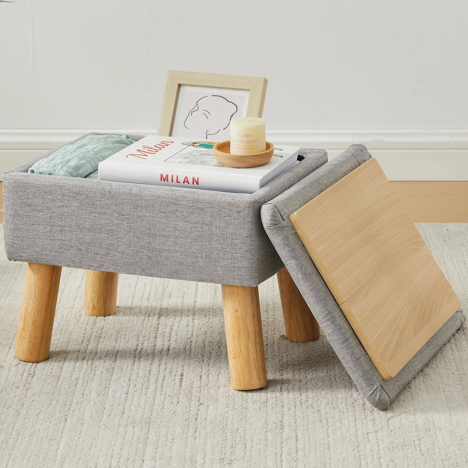 Gray Linen Small Storage Ottoman Foot Stool Rest Wood Leg Bedroom Entryway