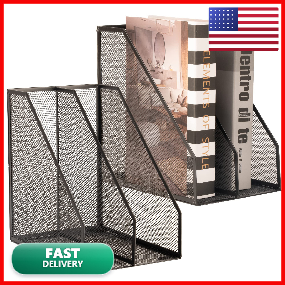 Asifmthot 2 Set Magazine Holder Metal Wire 2 Compartments Mesh File Holder For