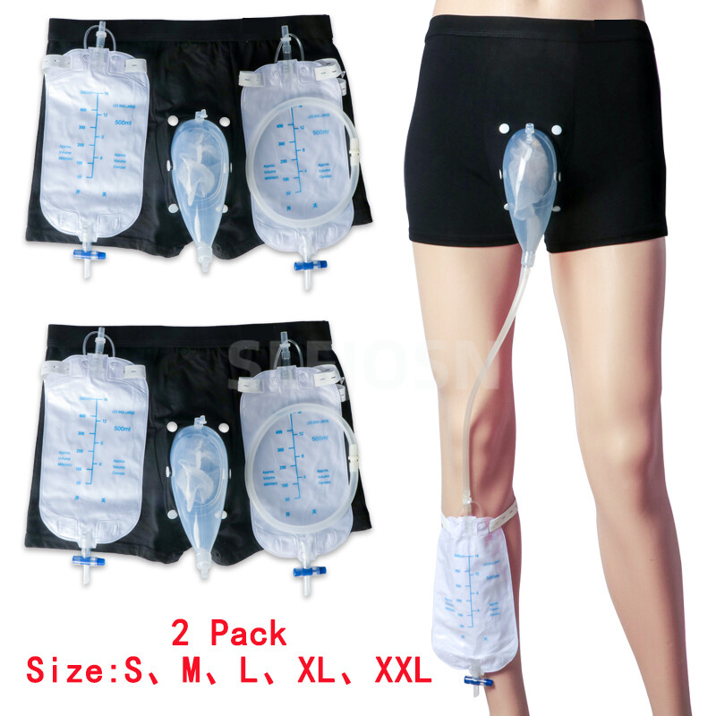 2 Pack Male Wearable Incontinence Pant Urinal Leg Bag Silicone Urine Collector