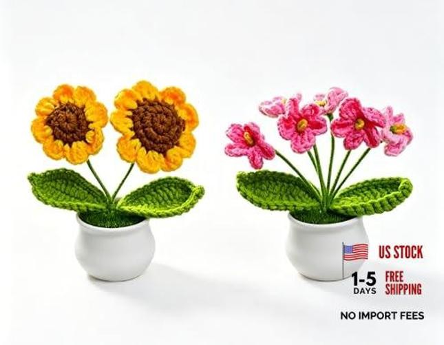 Handmade Crochet Flowers - 2Pcs Forget-Me-Not & Sunflower Bouquet - Pink, Orange