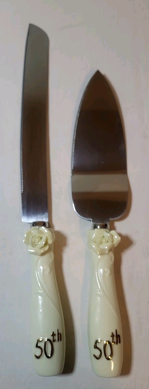 50th Anniversary Cake Server Set Cream Silver Cutting set 2pcs Anniversary Gift