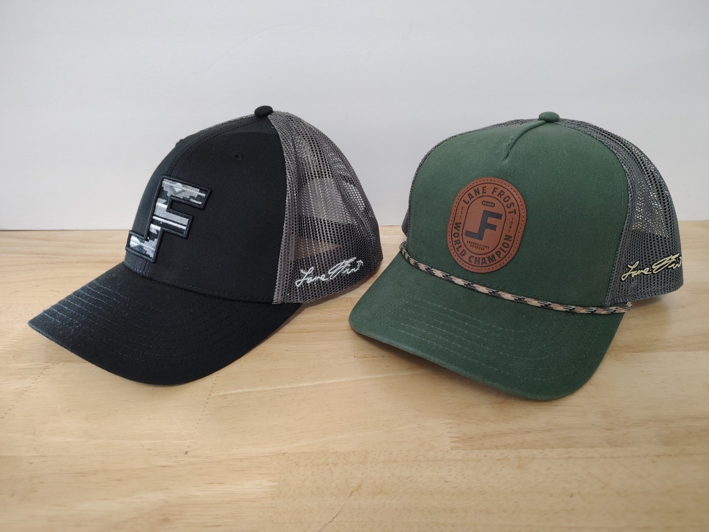 Lane Frost Lot Of 2 Hats Aztec Black Logo Black Hat Cap Leather Patch Logo Green