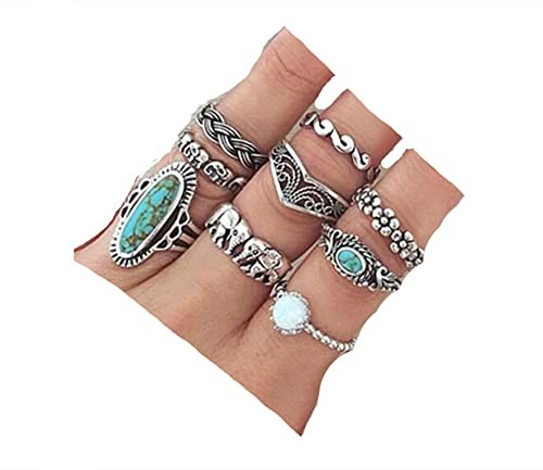 Cathercing 9 Pcs Turquoise Ring Set for Women Knuckle Vintage Rings Pack for