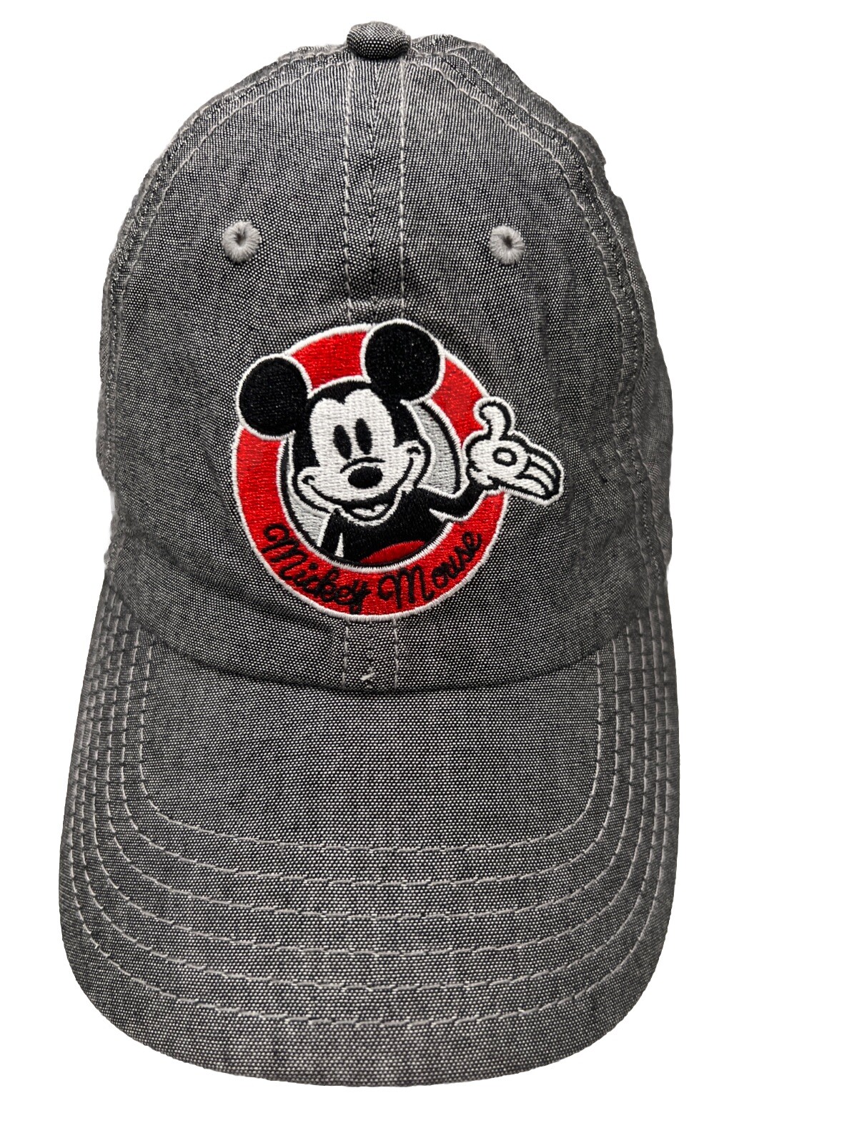 Disney Mickey Mouse Red White black Patch on Shiny Gray Hat Cap Strap Buckle EUC