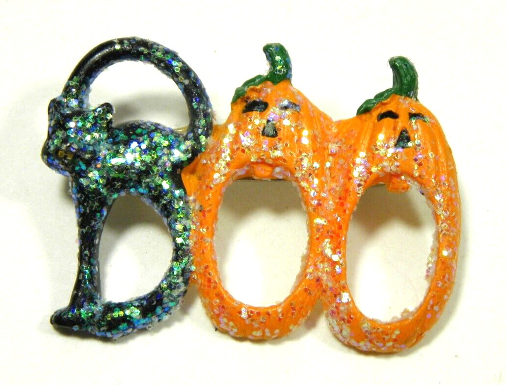 Vintage Halloween Boo Pin Brooch Black Cat Jack O Lantern Black Orange Glitter
