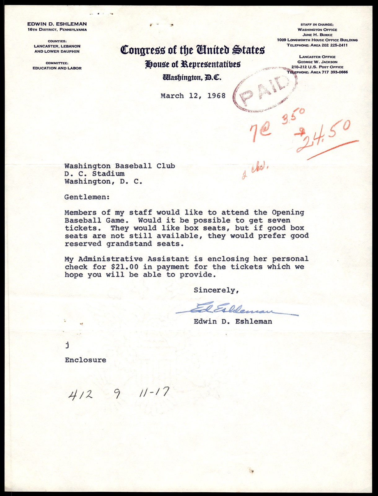 Edwin Eshleman Signed U.S. House of Reps 1968 Letter to Wash. Senators *CF250