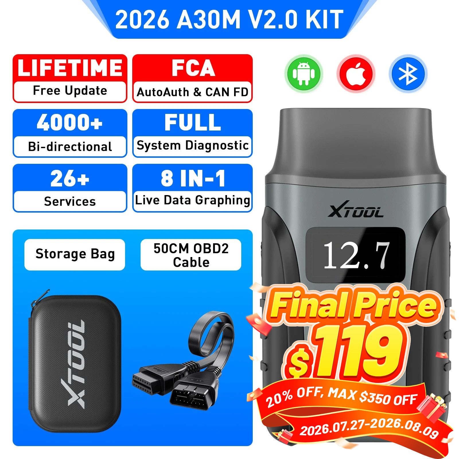 XTOOL A30M V2.0 KIT Bluetooth Car OBD2 Diagnostic Scanner Tool All Lifetime Free
