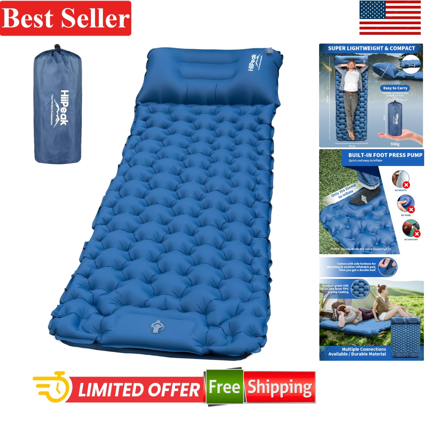 Ultralight Inflatable Sleeping Pad with Built-in Foot Pump & Pillow for Kids