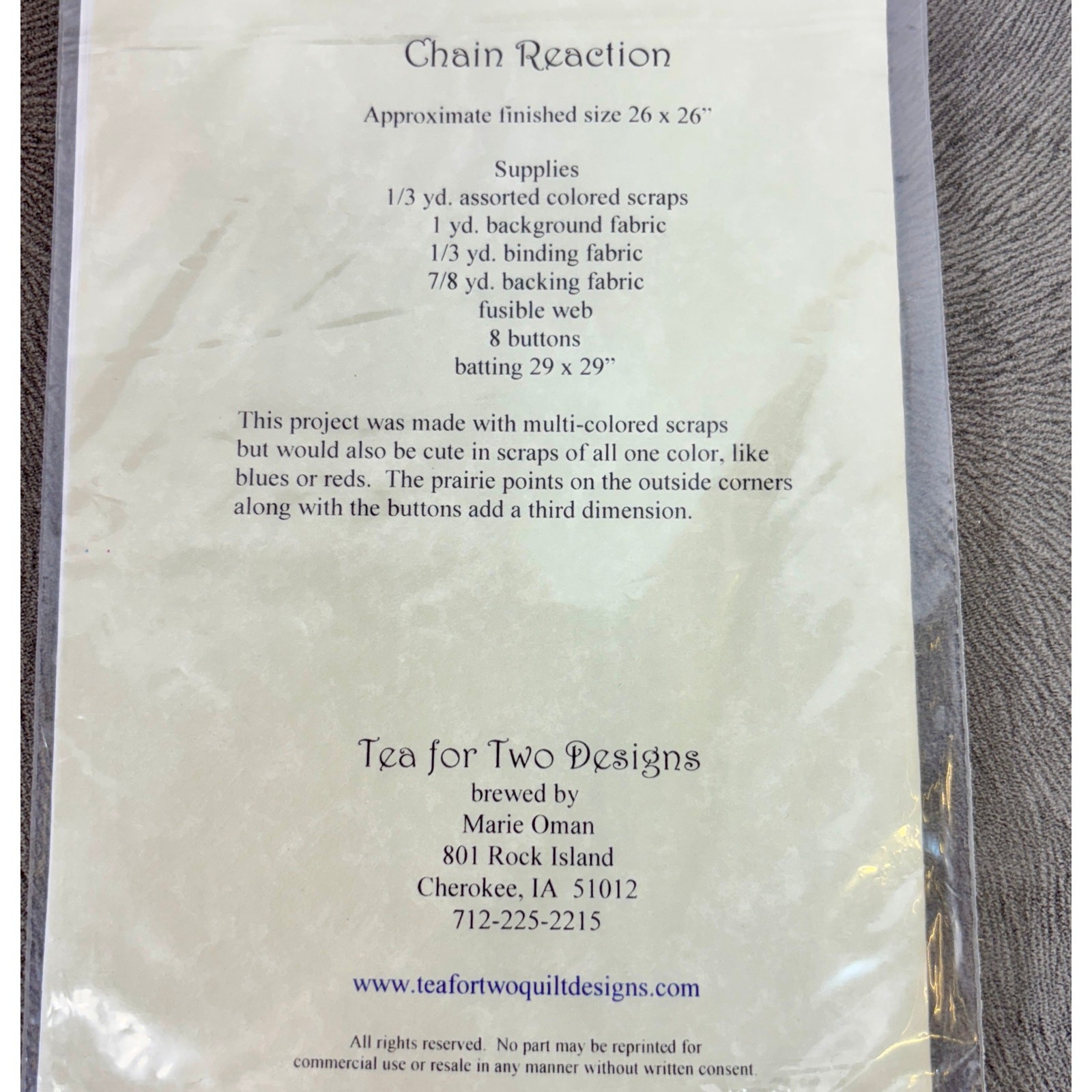 Chain Reaction Quilt Pattern 26" x 26" Tea for Two Designs New