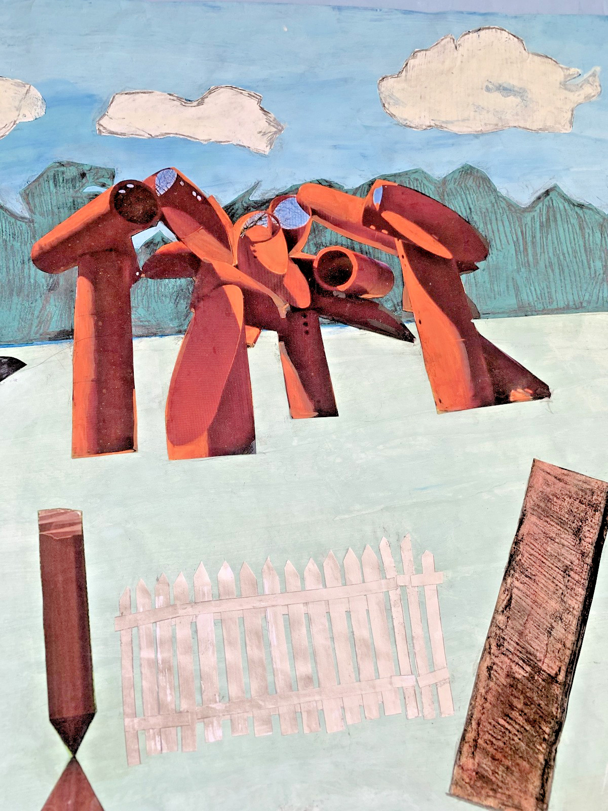 Landscape Painting  NY Storm King Sculpture Garden Park Original Folk Collage