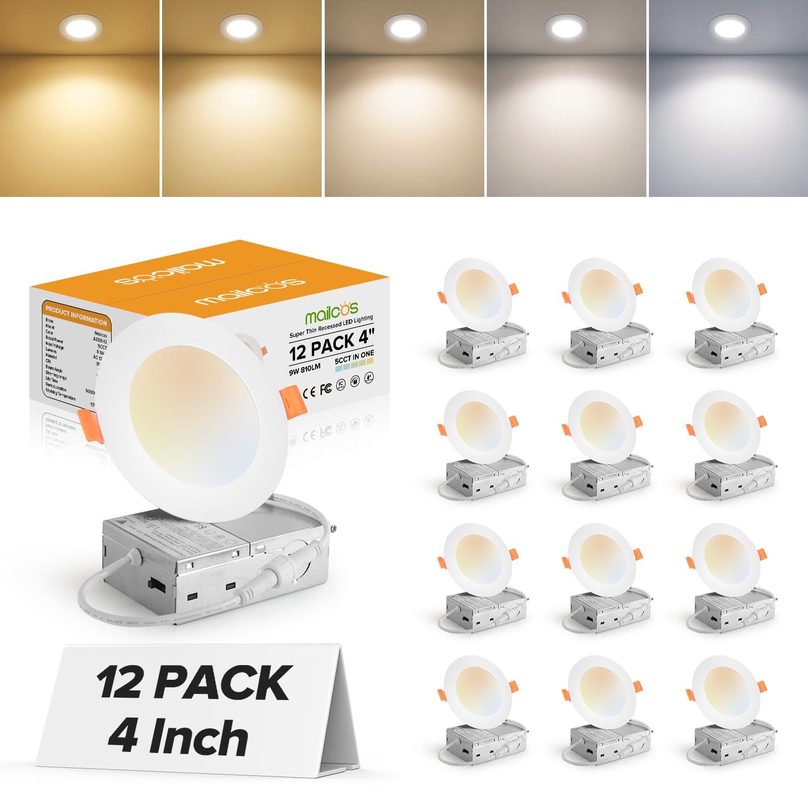 MAILCOS 12 Pack 4 Inch 5CCT Ultra-Thin LED 4 Inch-12 Pack, White-5CCT