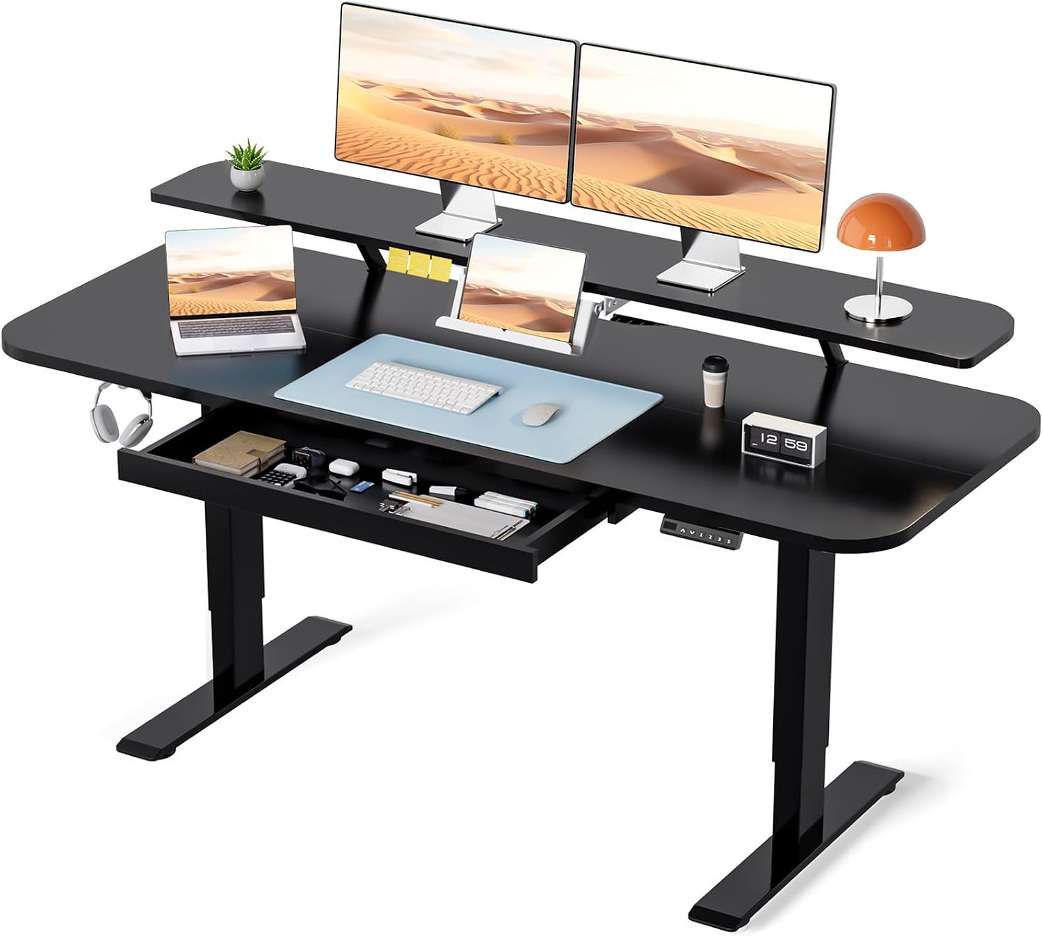 Electric Standing Desk with Drawers, 55 X 24 Inch Sit Stand up Desk with Monitor