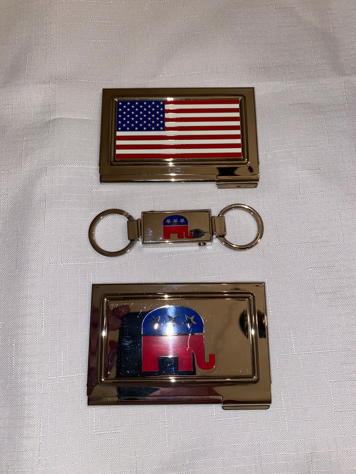 New Republican GOP Logo & Flag Polished Steel Business Card Case & Key Chain