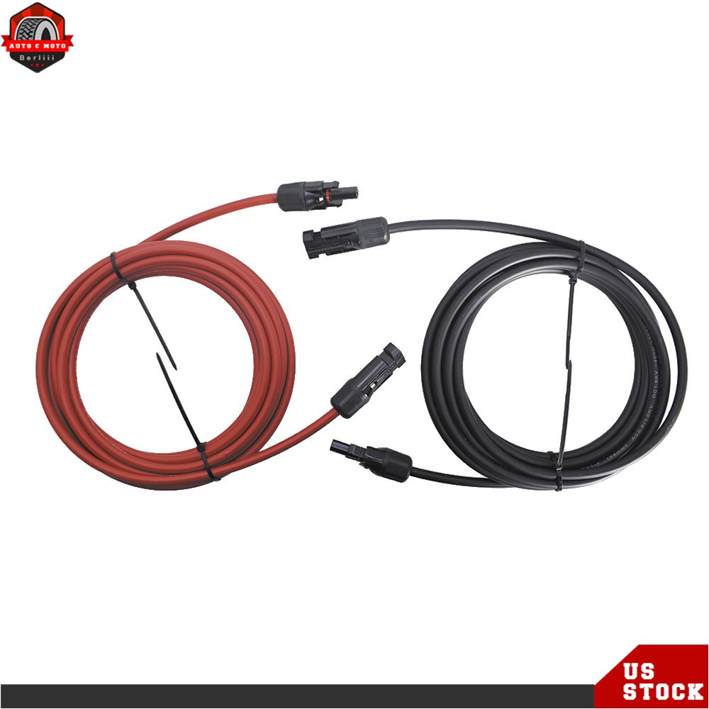 10 AWG 15 FT 1 Pair Black + Red Solar Panel Extension Cable Wire Connector