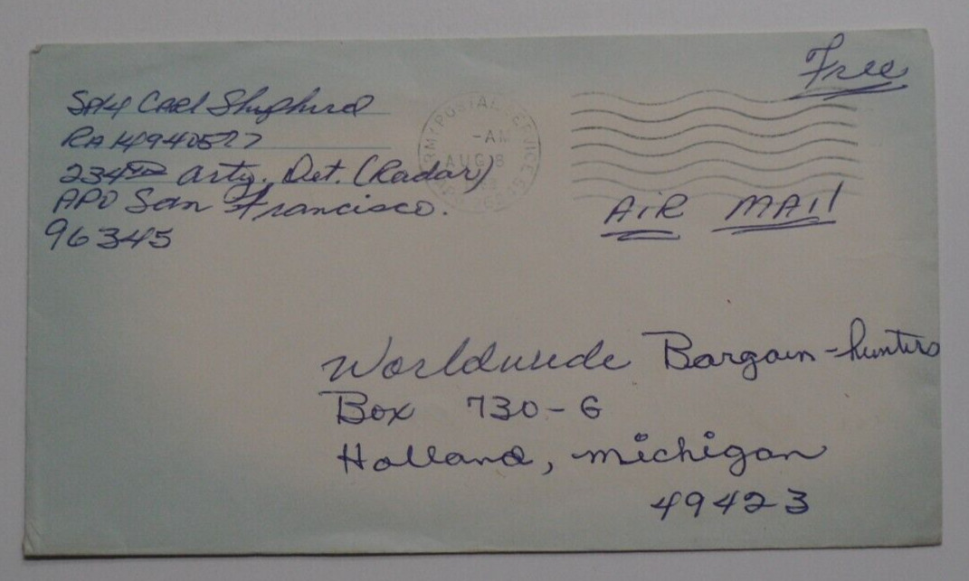 STAMPMART : USA 1968 APO SAN FRANCISCO CA AIRMAIL POSTAGE FREE COVER USED TO MI