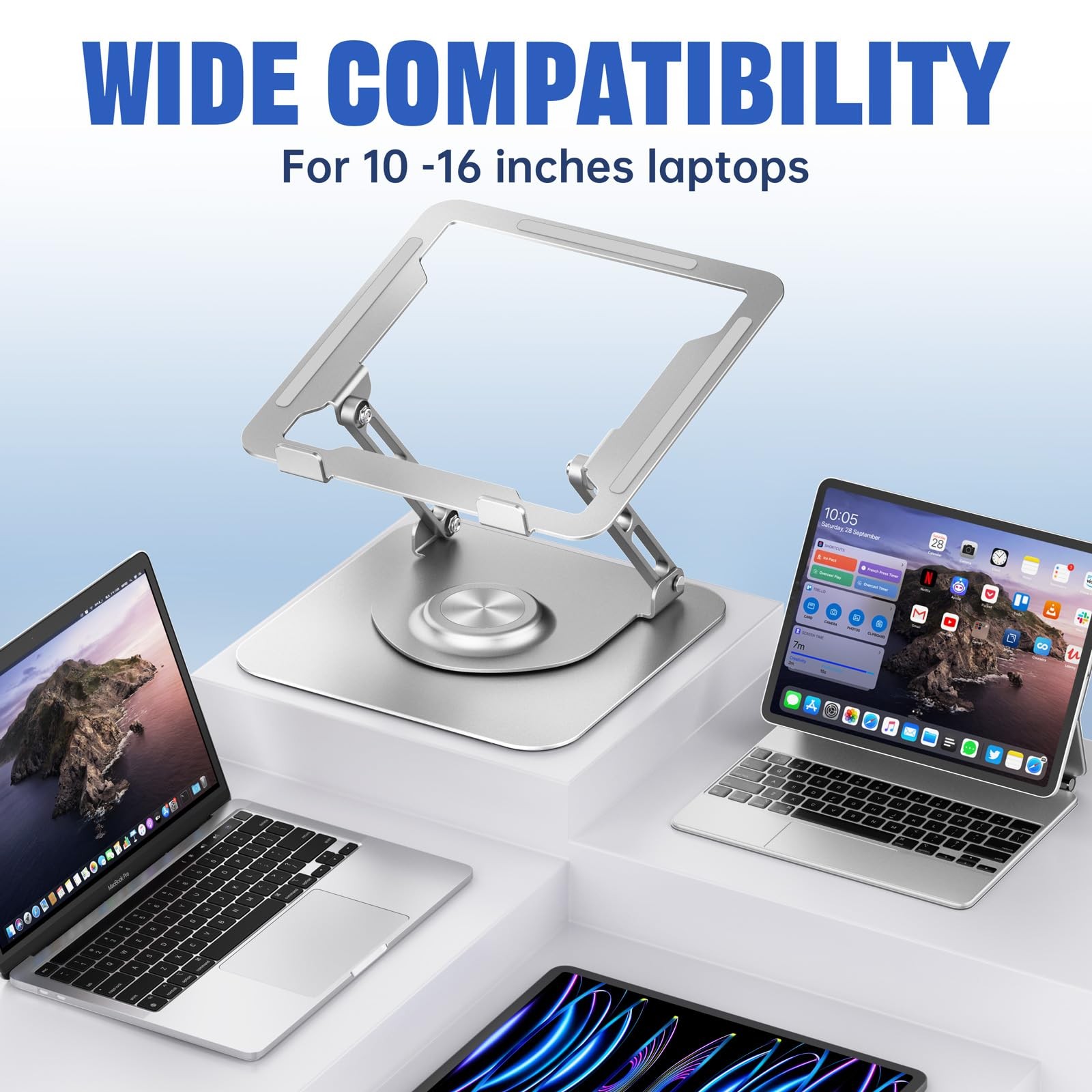 Adjustable Laptop Stand 360 Rotating Base Ergonomic Riser Foldable Silver