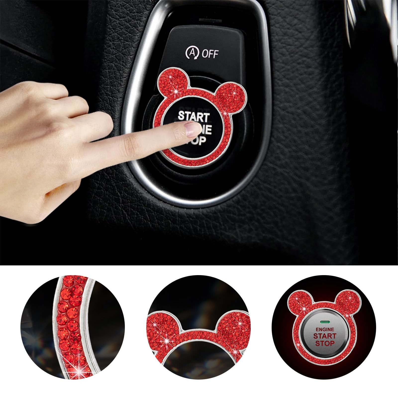 Augeny Bling Car Engine Start Button Cover, Rhinestone Key Ignition 1PC, Red