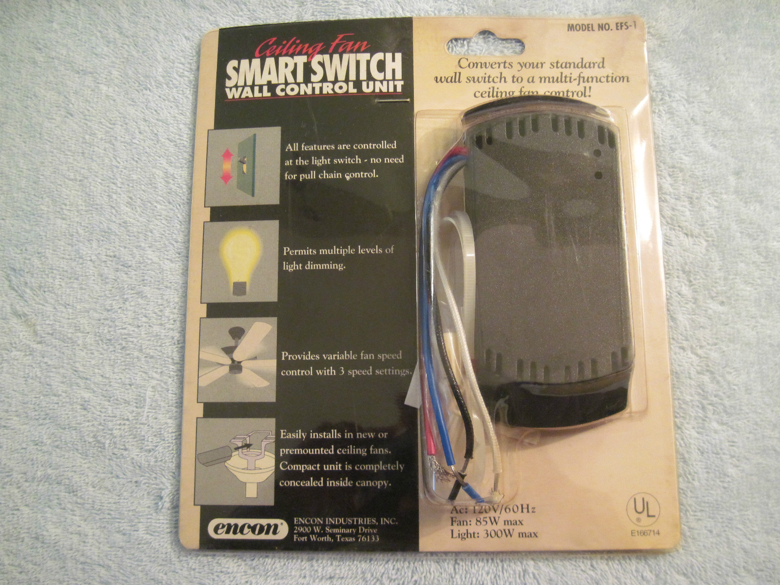 Ceiling Fan Smart Switch Wall Control Unit Encon Ind. Model EFS-1