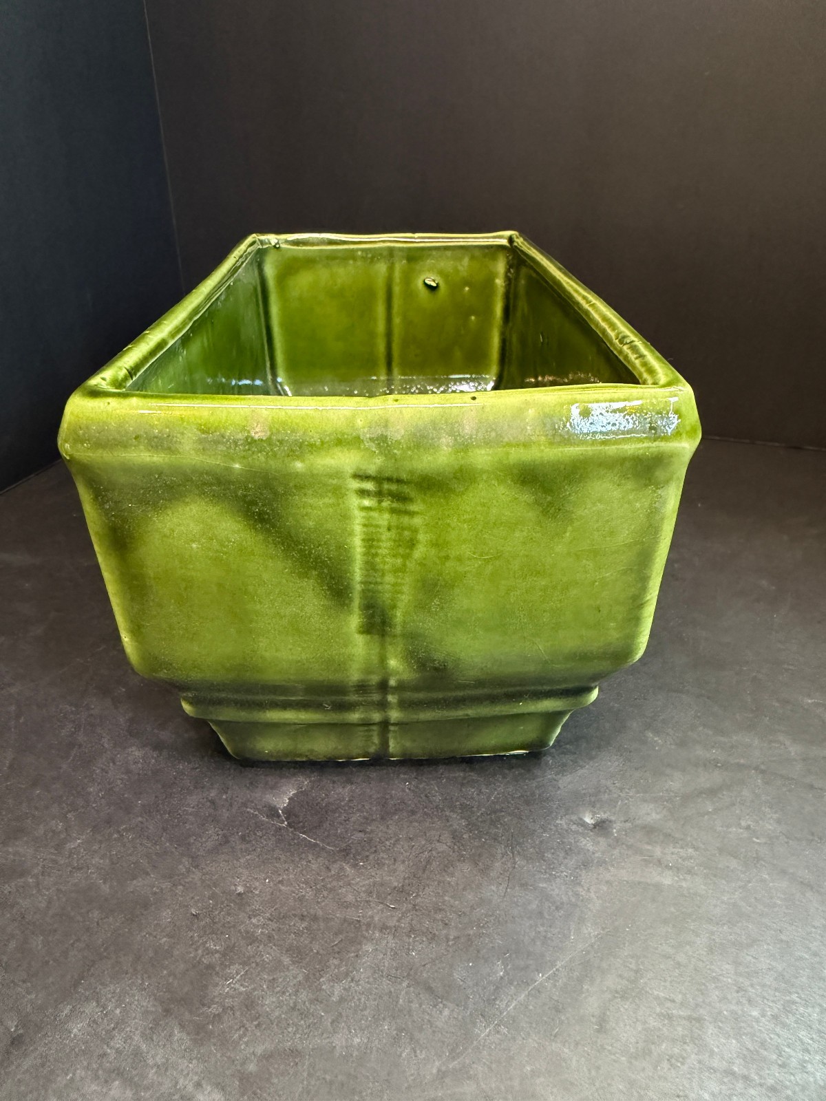Vintage Green Ceramic Planter Mid Century Scroll Design Footed Plant Pot 9”