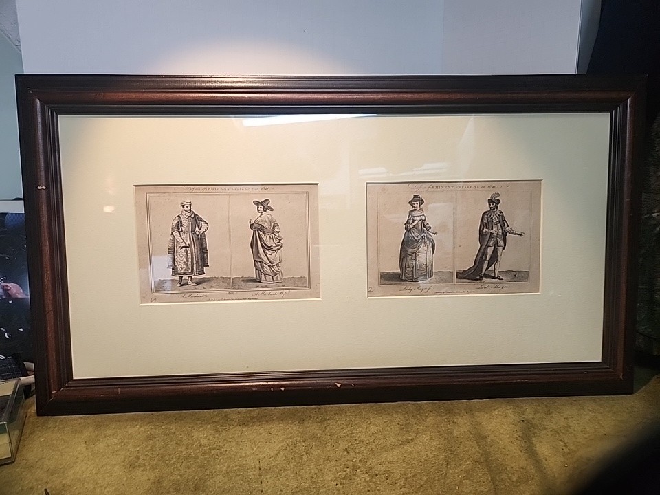 Set of 2 Antique Prints Custome Of London & Emminent Citizens 1640 Framed Art