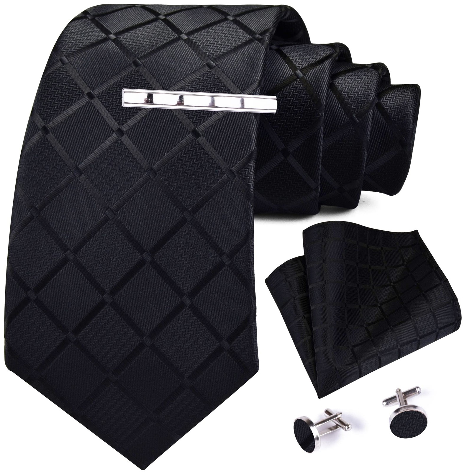 Men's Plaid Tie Sets Silk Black Ties for Men Business Party Necktie Clip and ...
