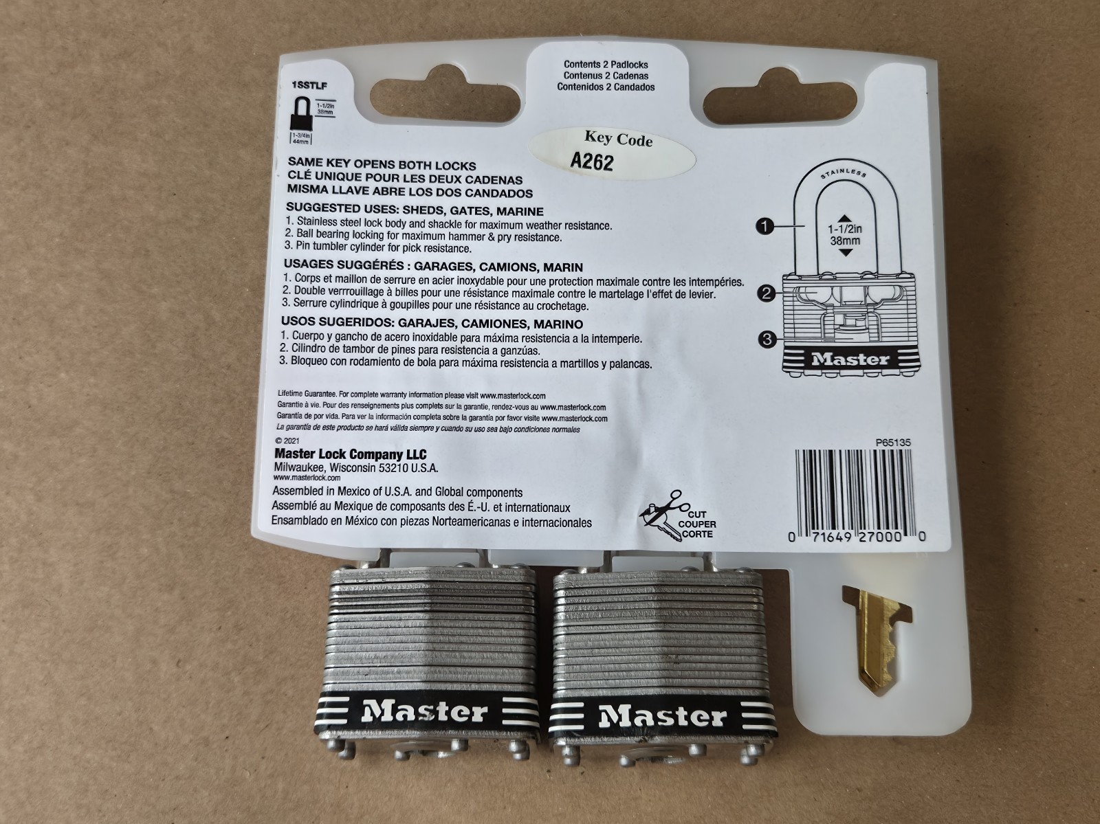 2 Pack Master Lock 1SSTLF Stainless Steel Padlocks Keyed Alike