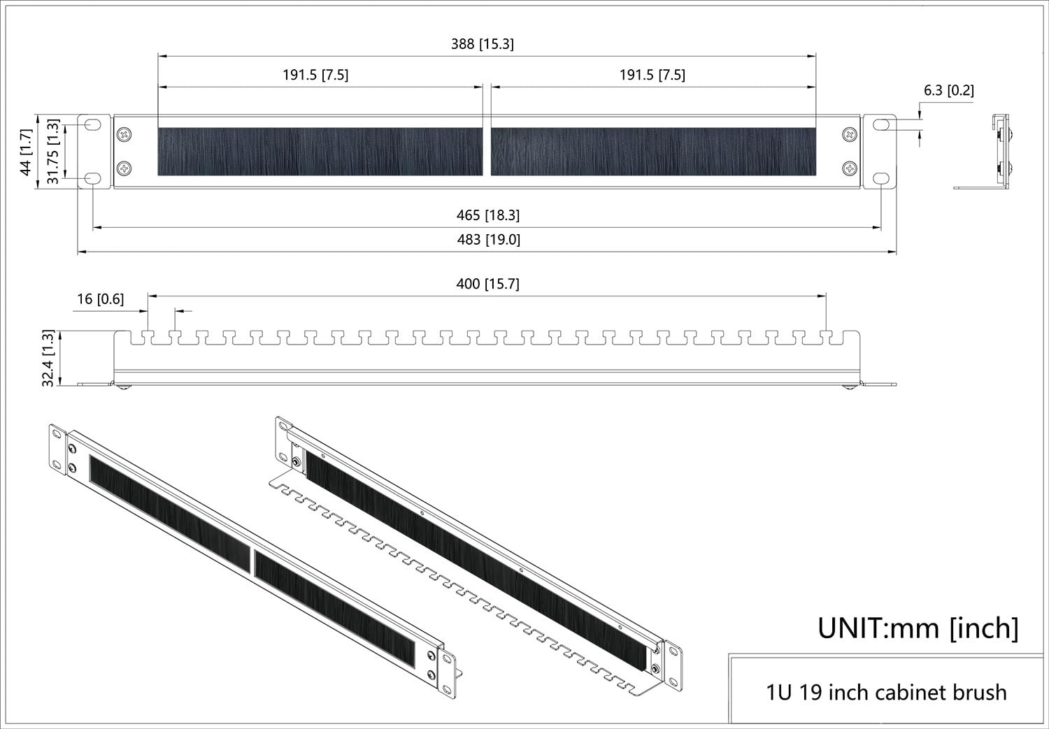 1U Brush Cable Manager Horizontal Rack Mount Cable Management Panel with Tidy Br