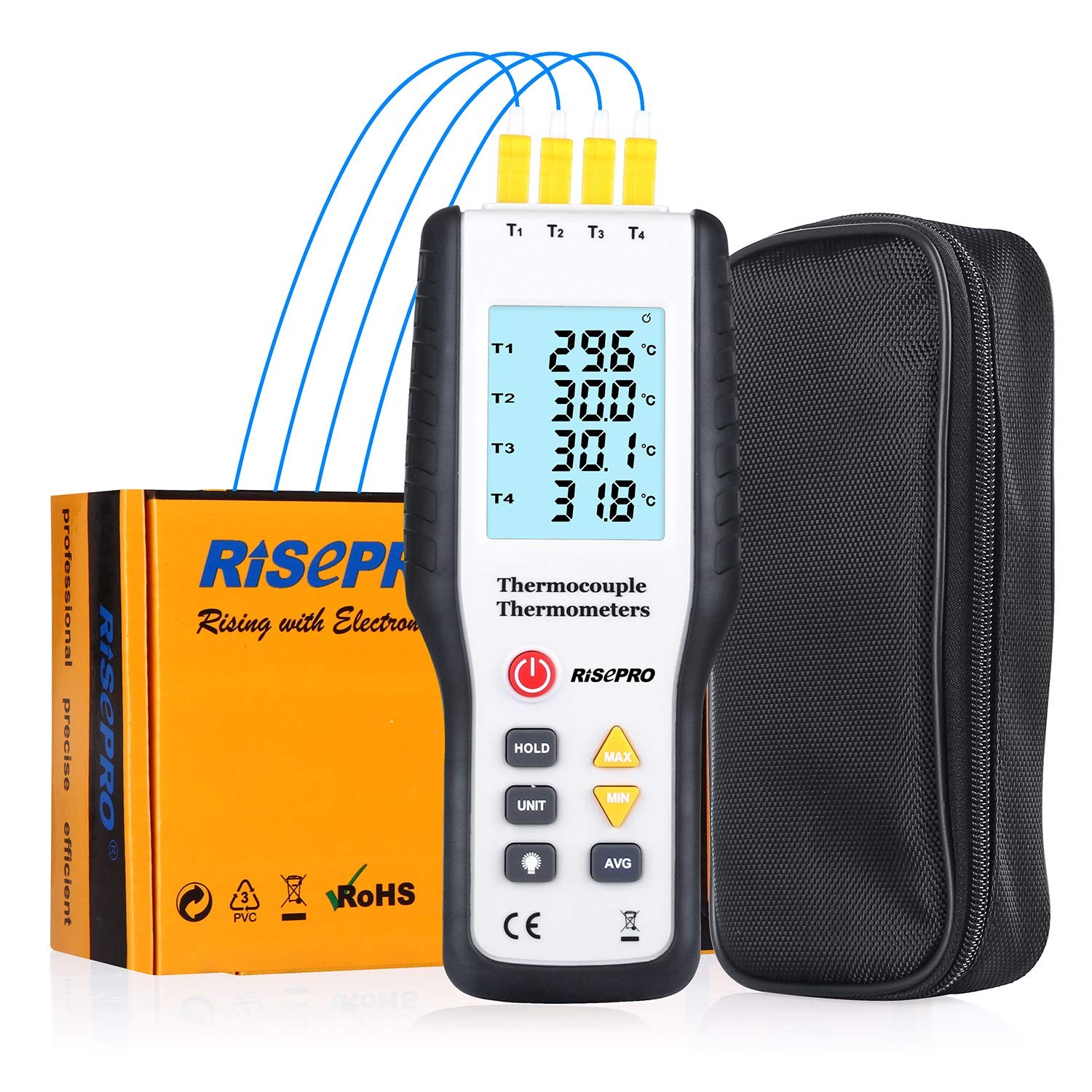 Thermocouple Thermometer, RISEPRO 4 Channel K Type Digital Thermometer White