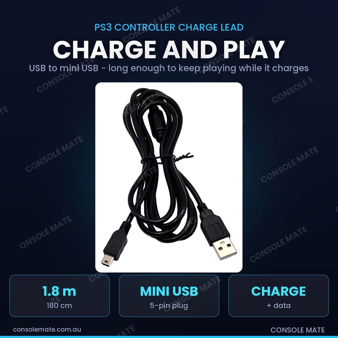 USB Charge & Play Cable for PS3 DualShock 3 Controller | 1.8m Lead Brand New
