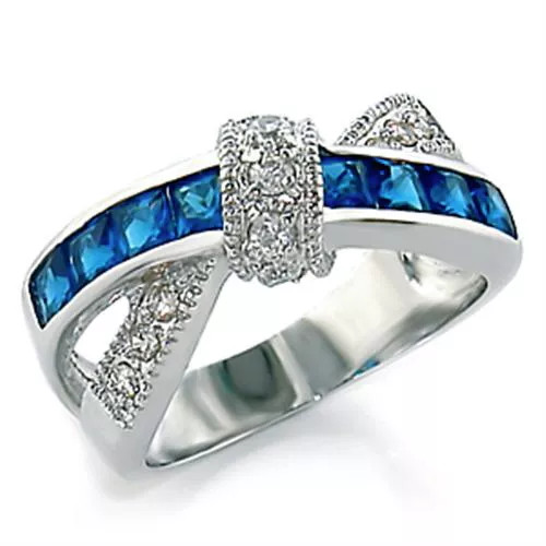 Silver Sapphire Criss Cross Ring Size 10 Blue CZ Simulated Rhodium Plated